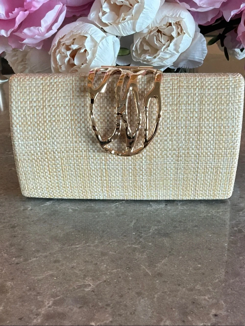 Cream Woven Straw Clutch with Gold Accent